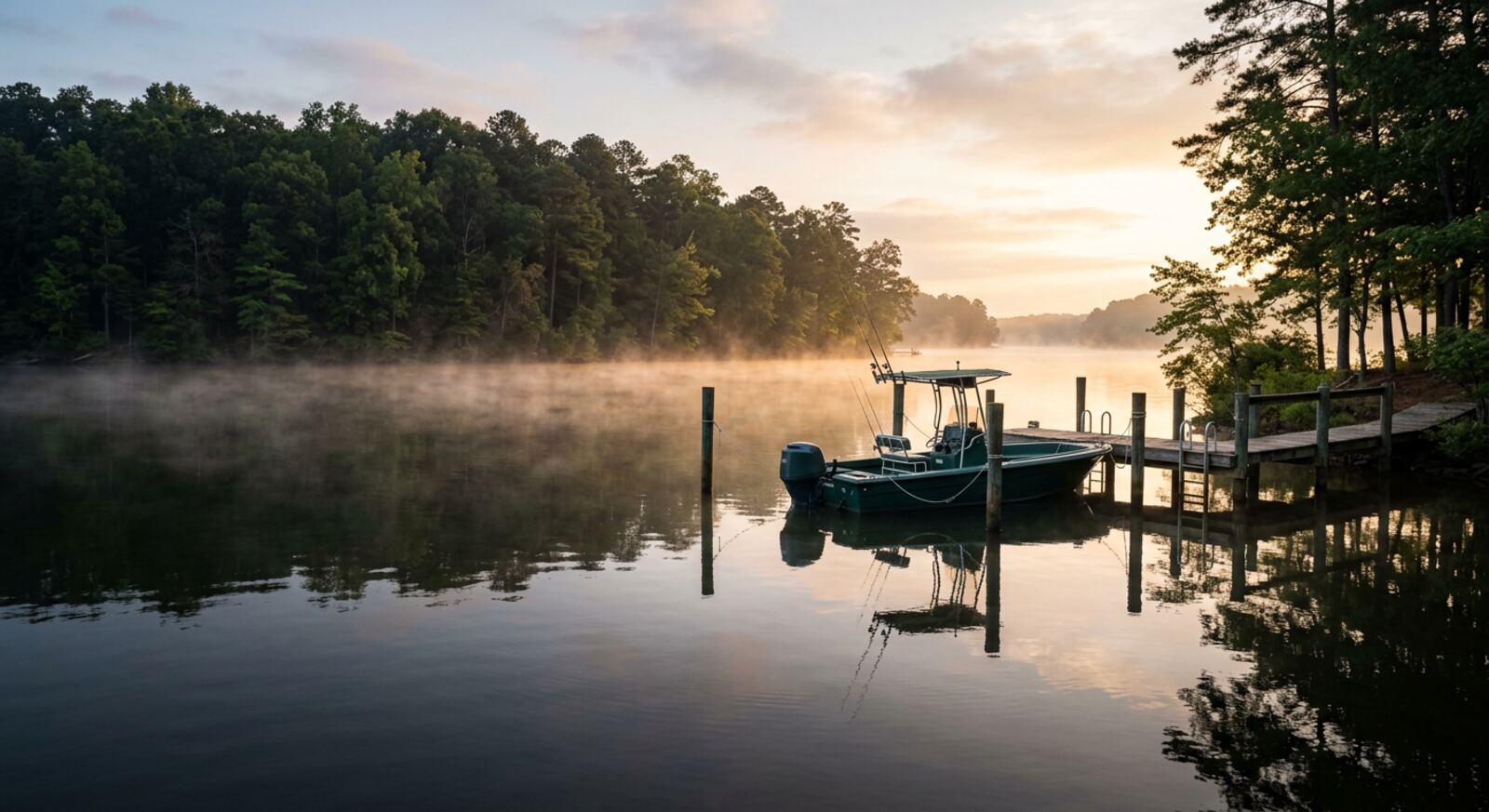 A boat tied up at a dock on a misty lake at sunrise