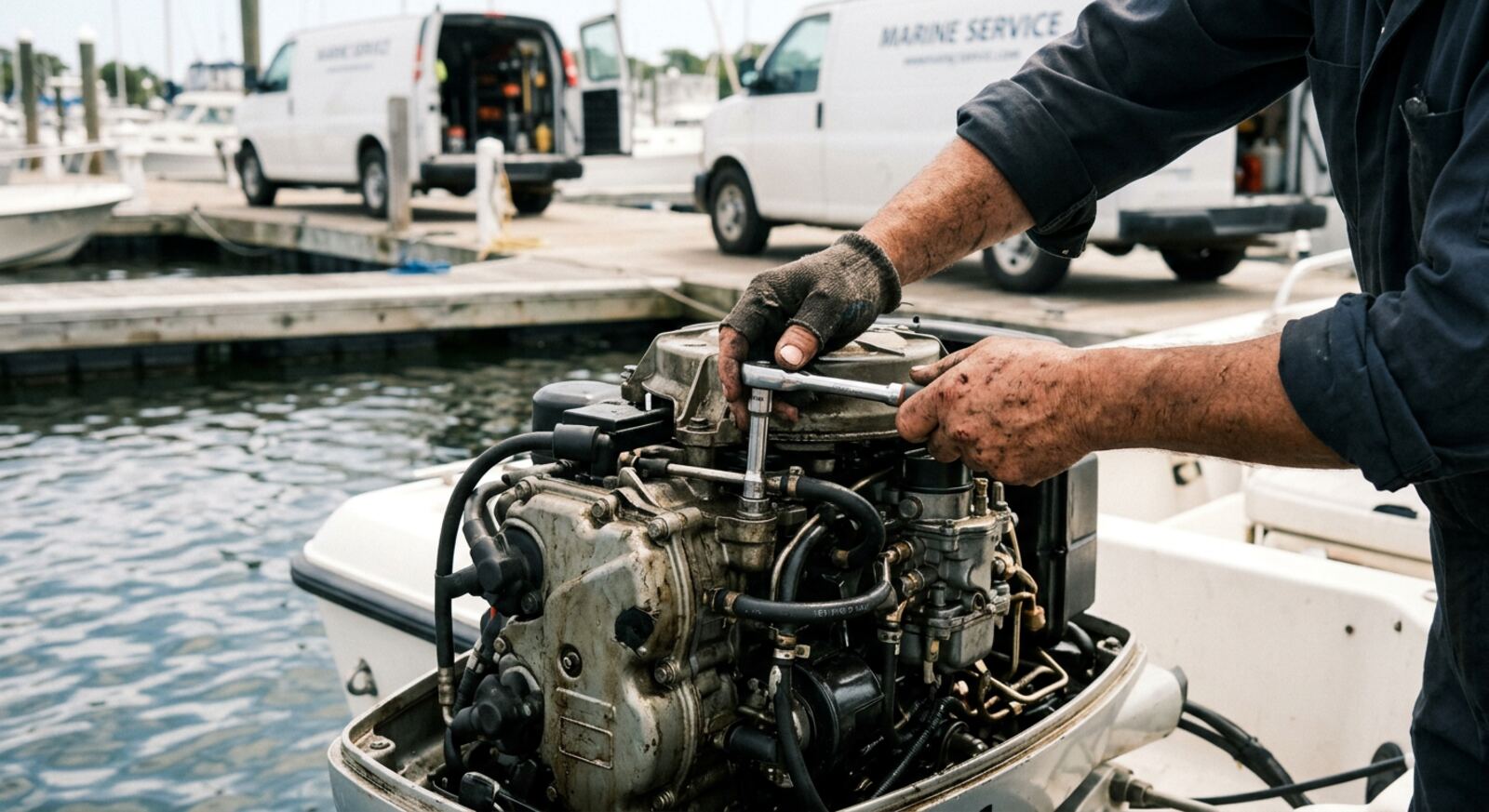 Jon working on an outboard motor at a dock